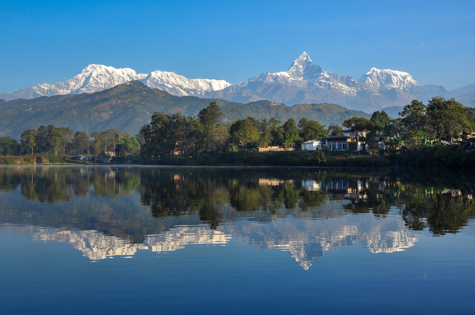fewa lake pokhara with view of fishtail
